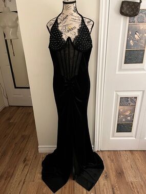 Source Unknown Black Velvet Halter Maxi Dress with Studded Bodice